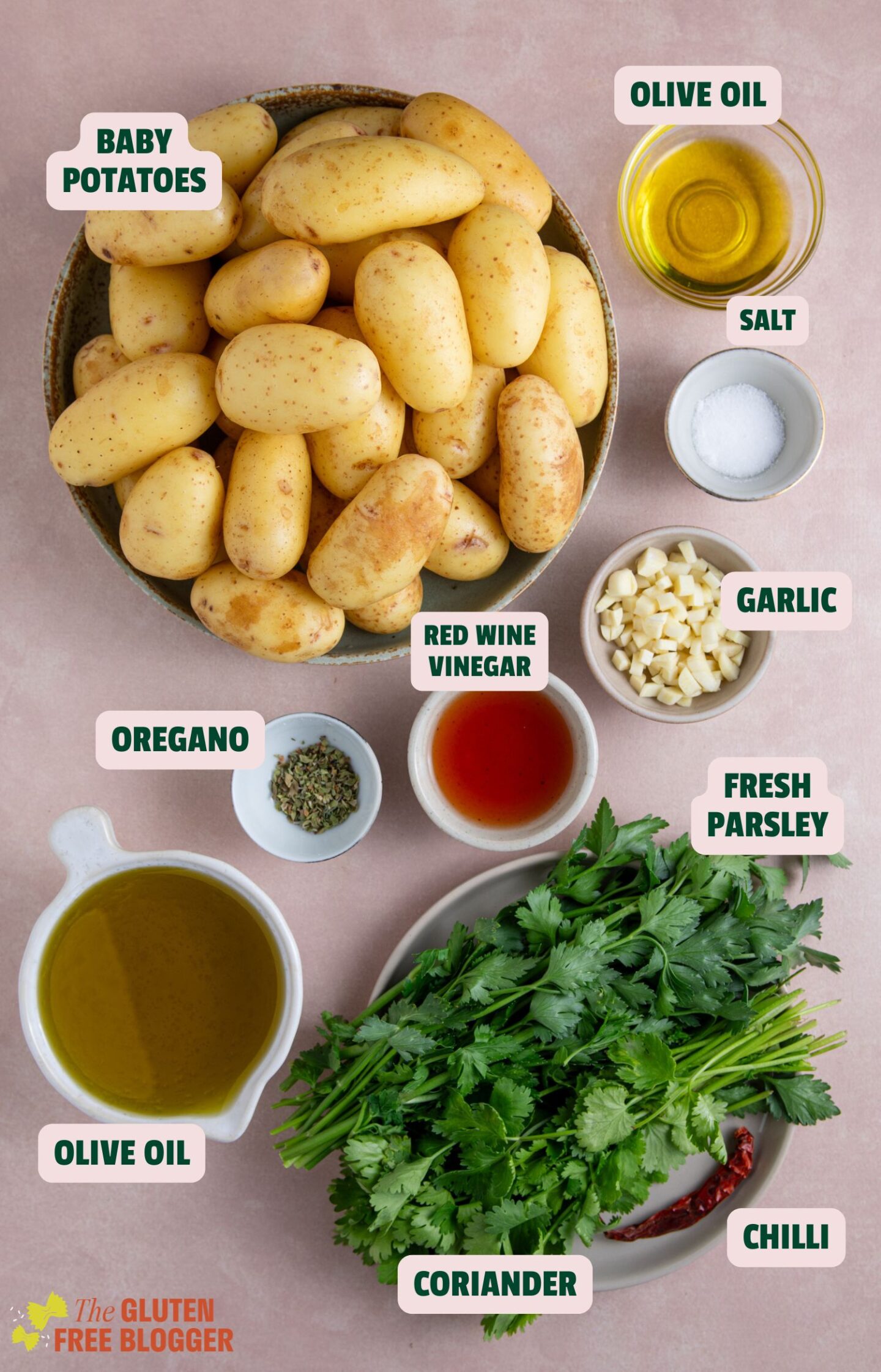 Ingredients for chimichurri smashed potatoes laid out with text labels.