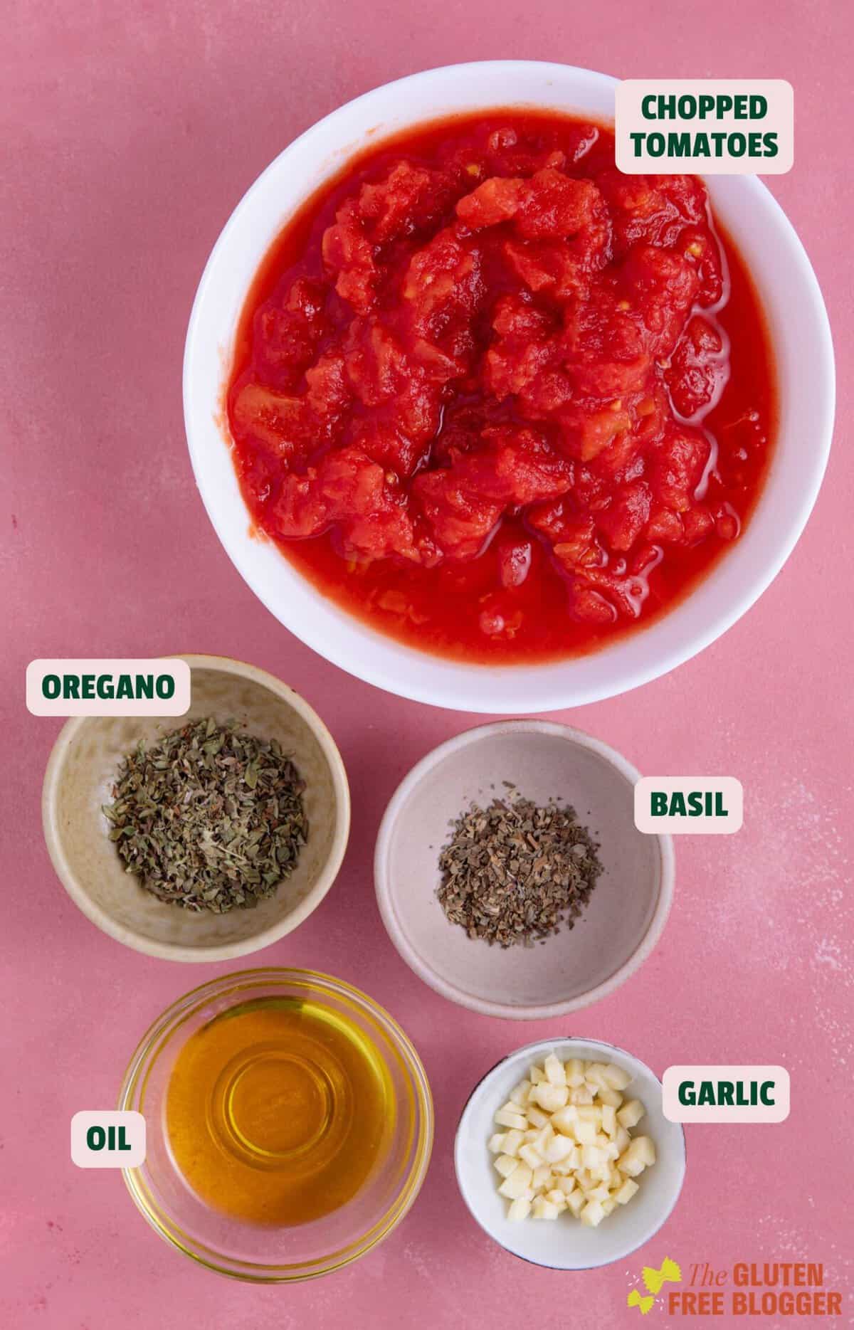 Ingredients for the tomato sauce part of the courgette lasagne.