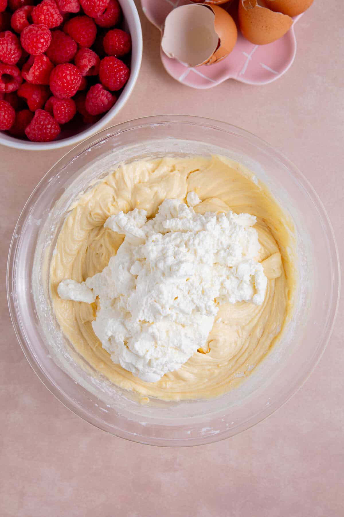 Add the ricotta cheese to the cake batter and mix to combine.