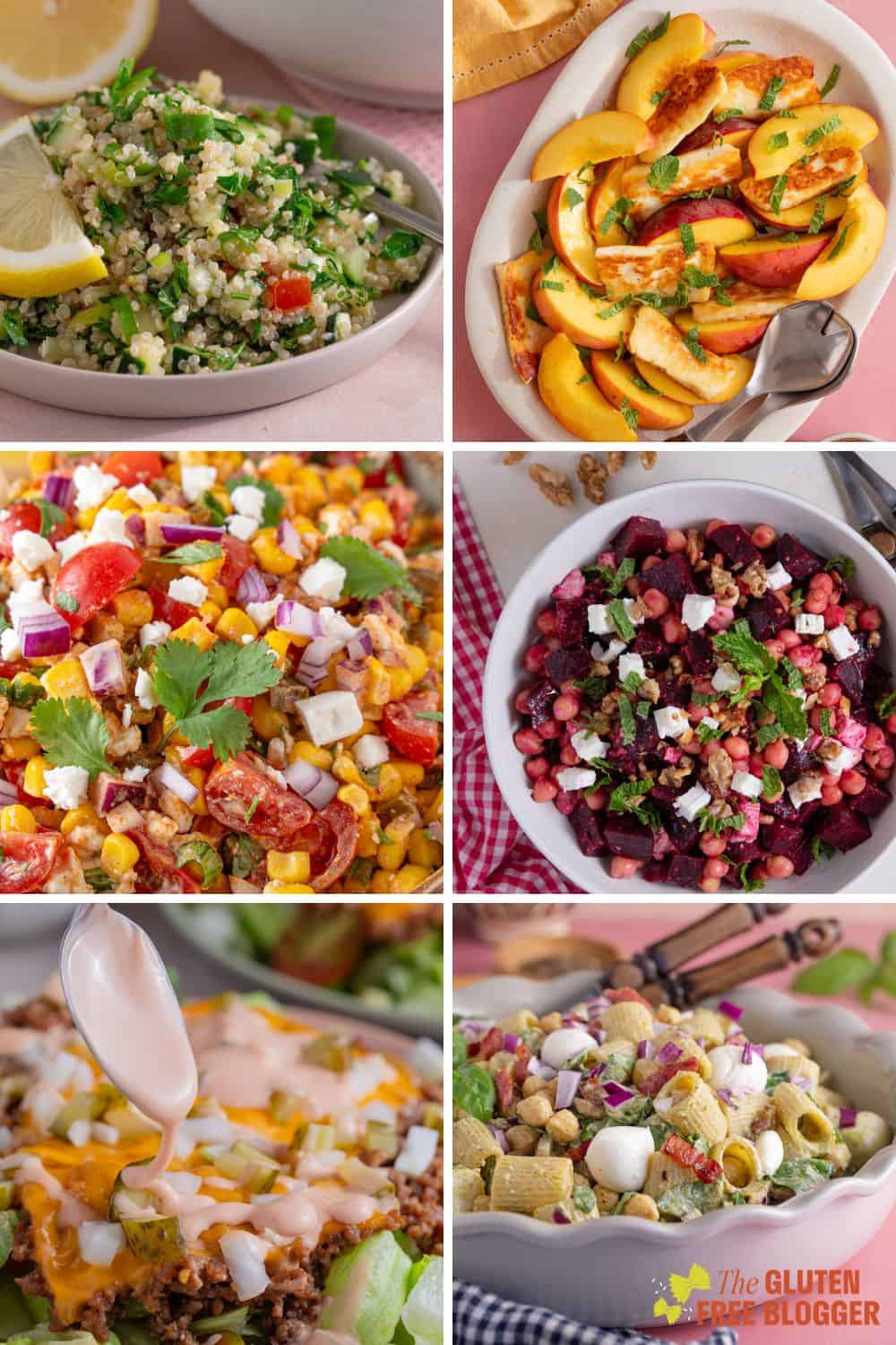 A collage of images of different gluten free salads.