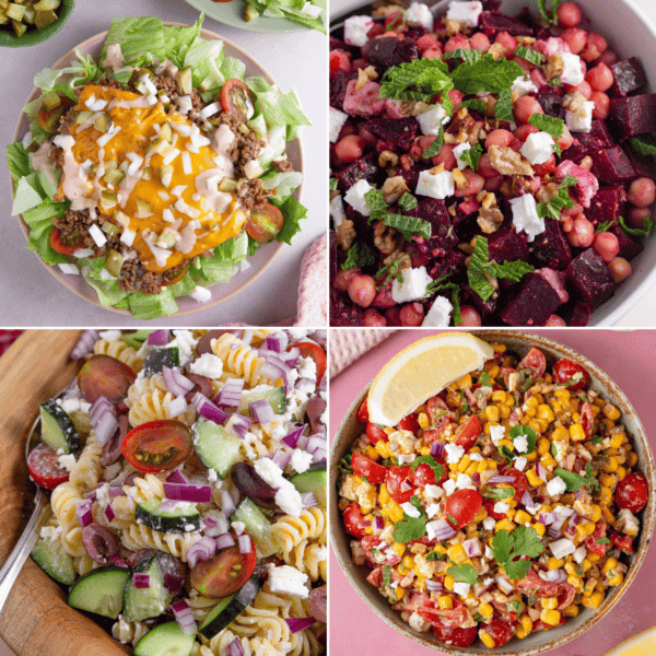 A collage of images of different gluten free salads.