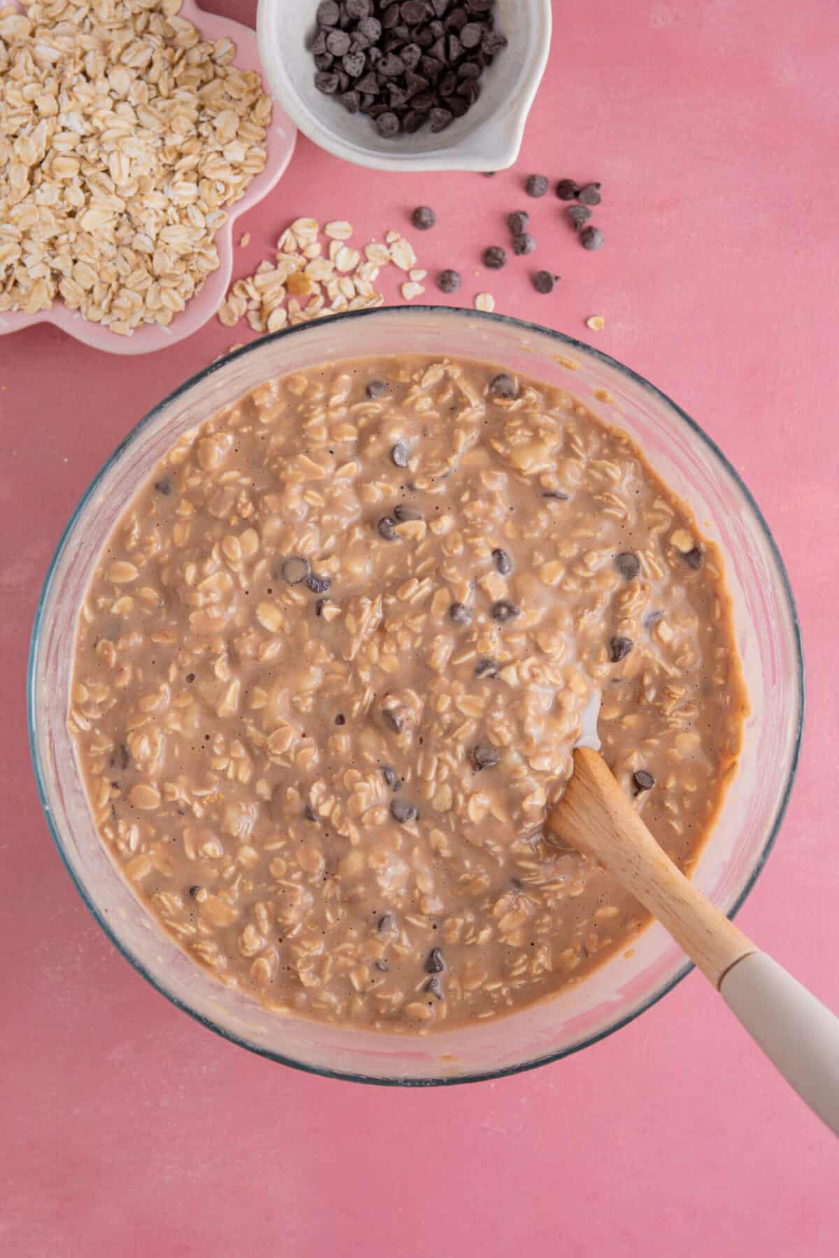 Process shot of banana baked oats showing the baked oats mixture in a bowl.