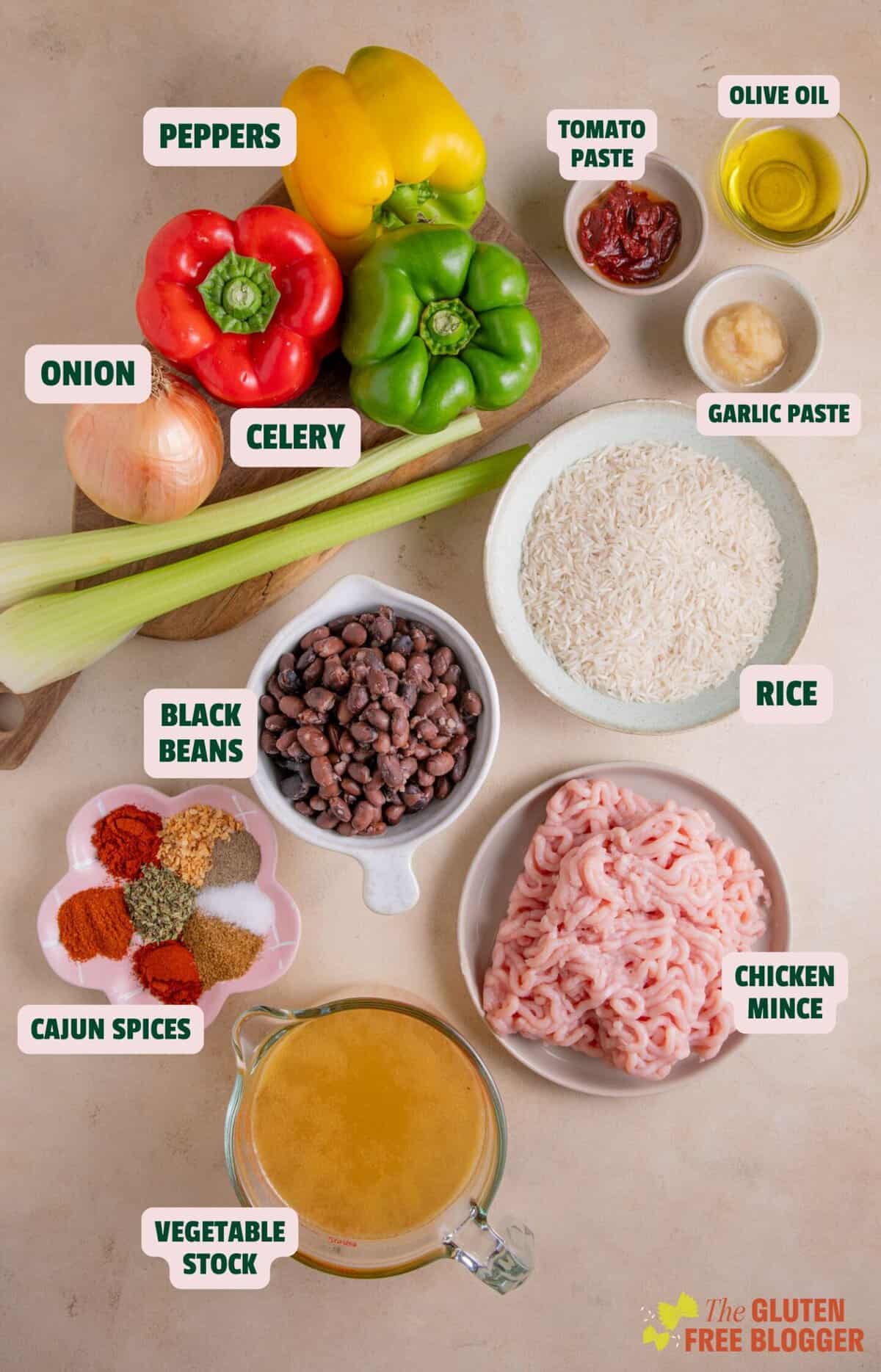 Ingredients for Cajun Rice laid out with text labels.