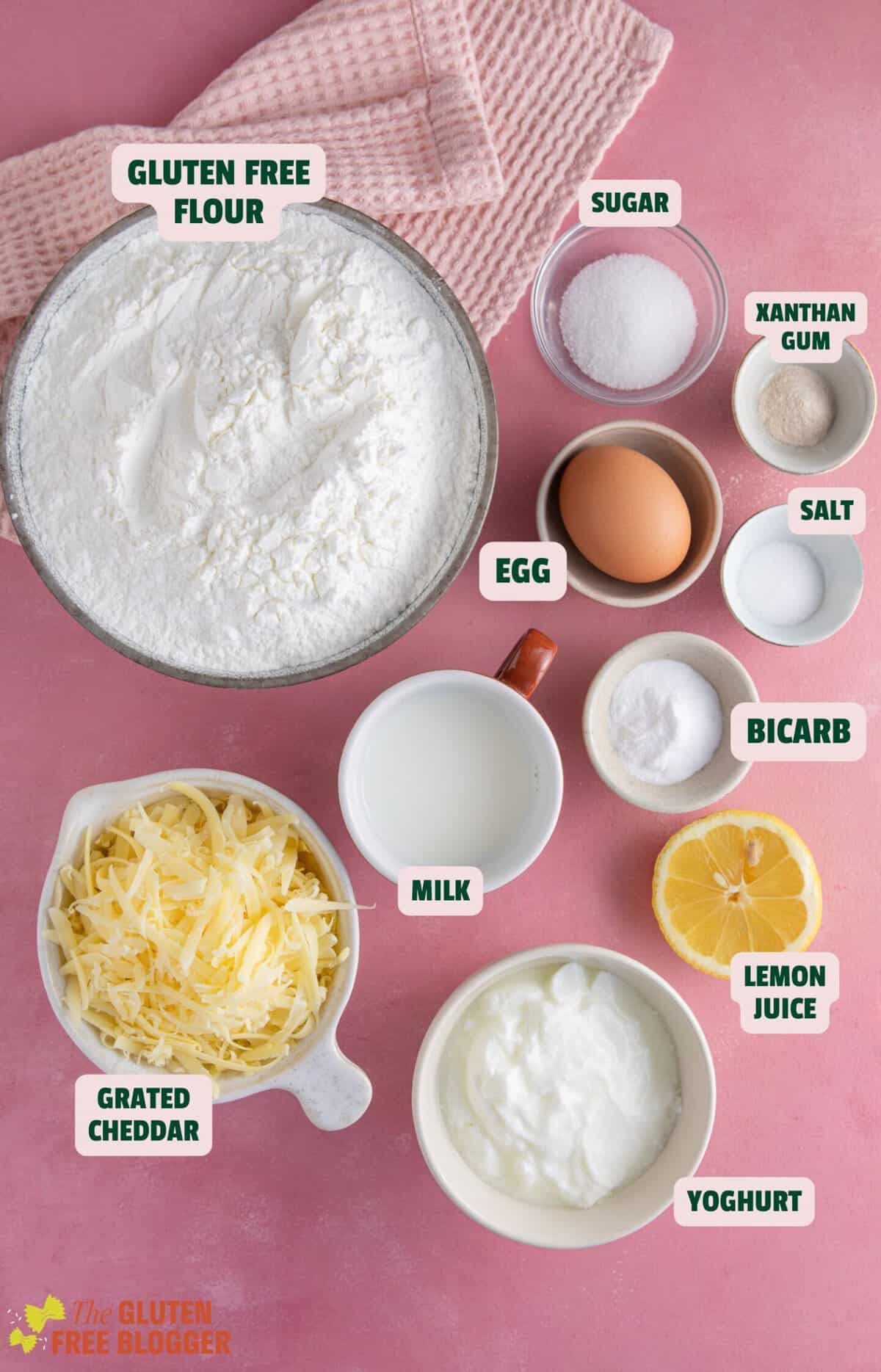 Ingredients for gluten free cheese rolls with text labels.