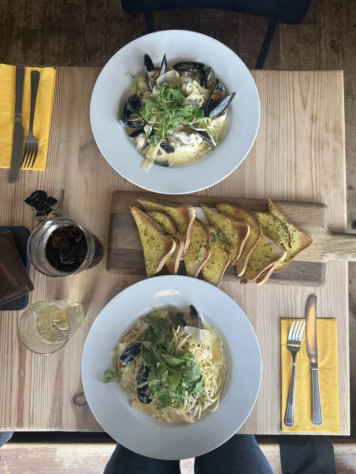 Gluten free seafood pasta and garlic bread at The Instow Arms.