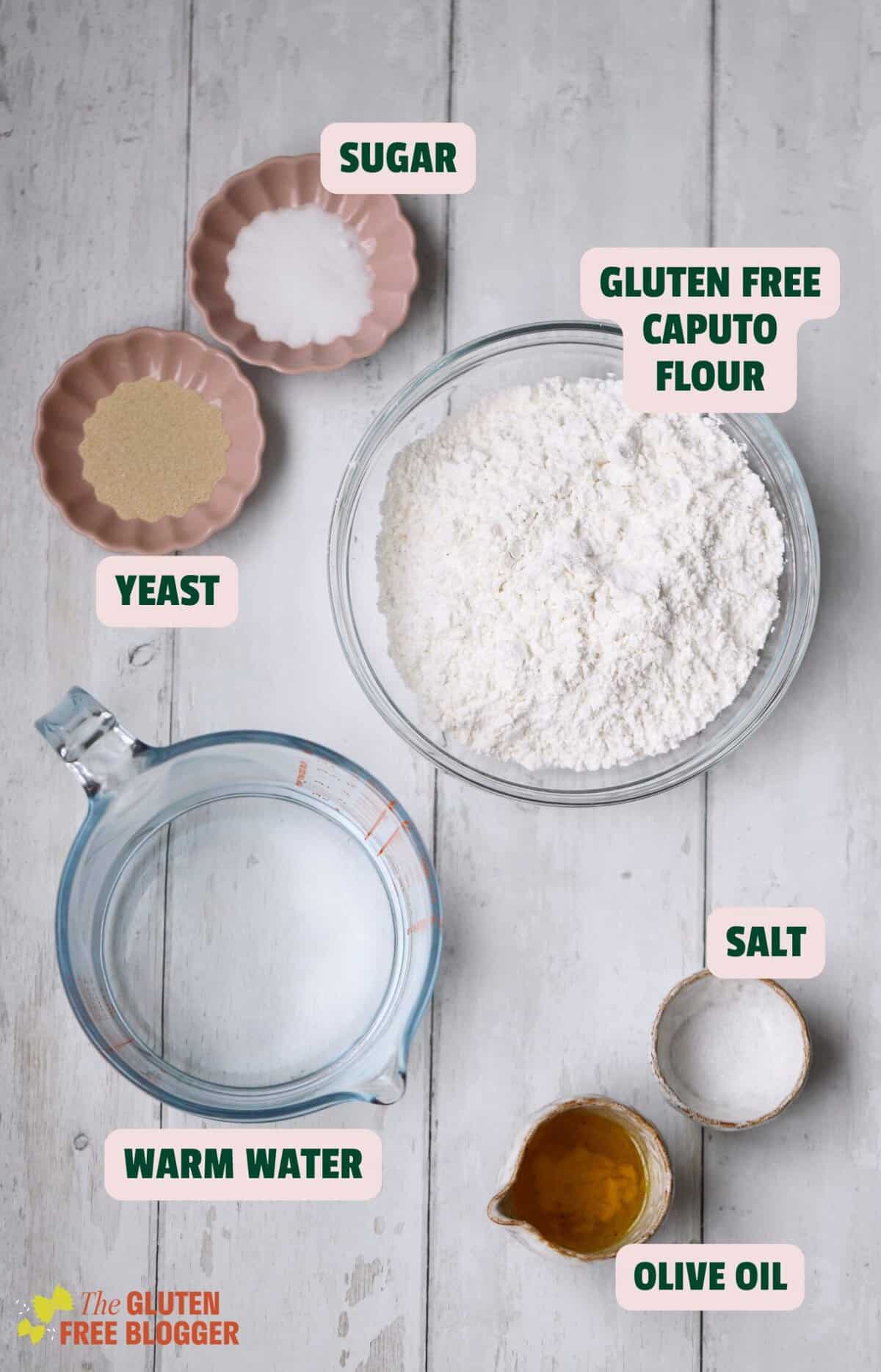 Ingredients for gluten free caputo bread including sugar, salt, water, yeast, oil and caputo gluten free flour.