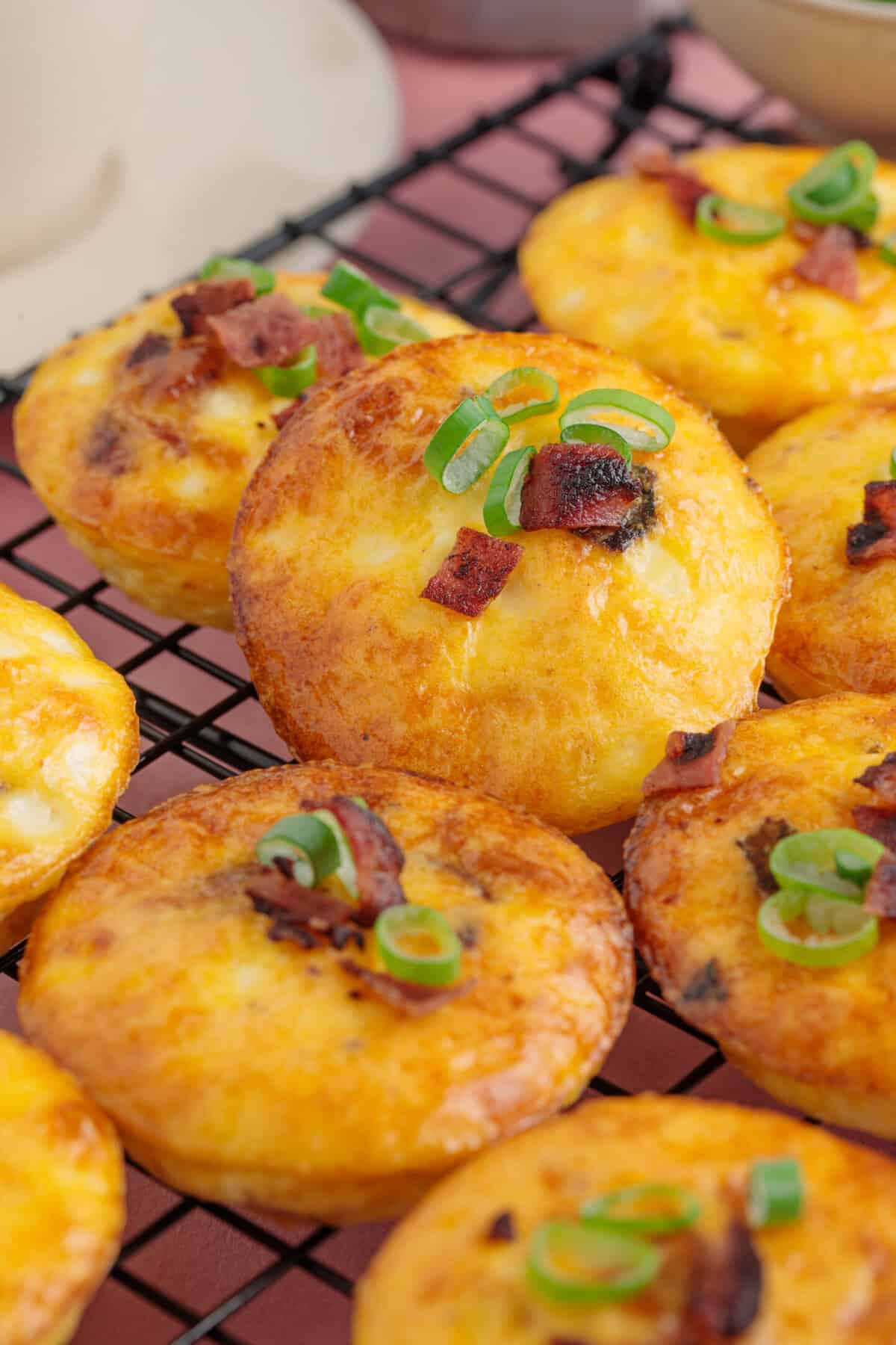 Close up of cottage cheese egg bites on a wire rack with cheese and bacon.