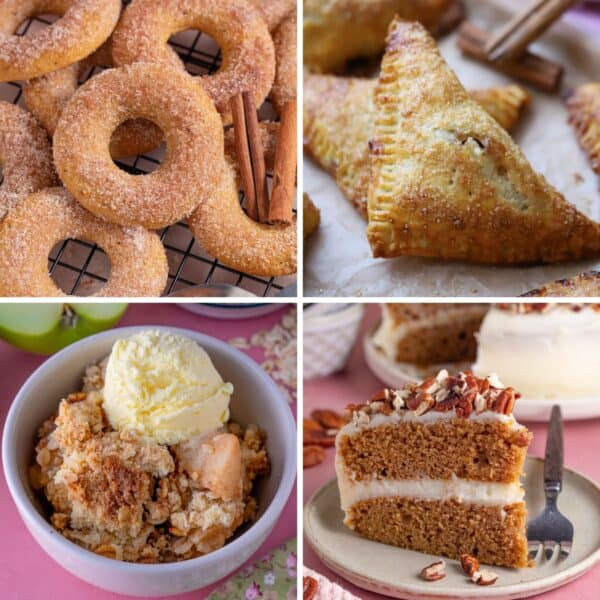 A collage of gluten free bakes including muffins, pie, donuts, crumble and turnovers.