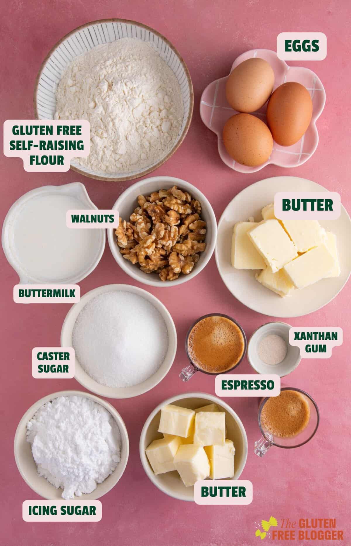 Ingredients for gluten free coffee and walnut cake with text labels.