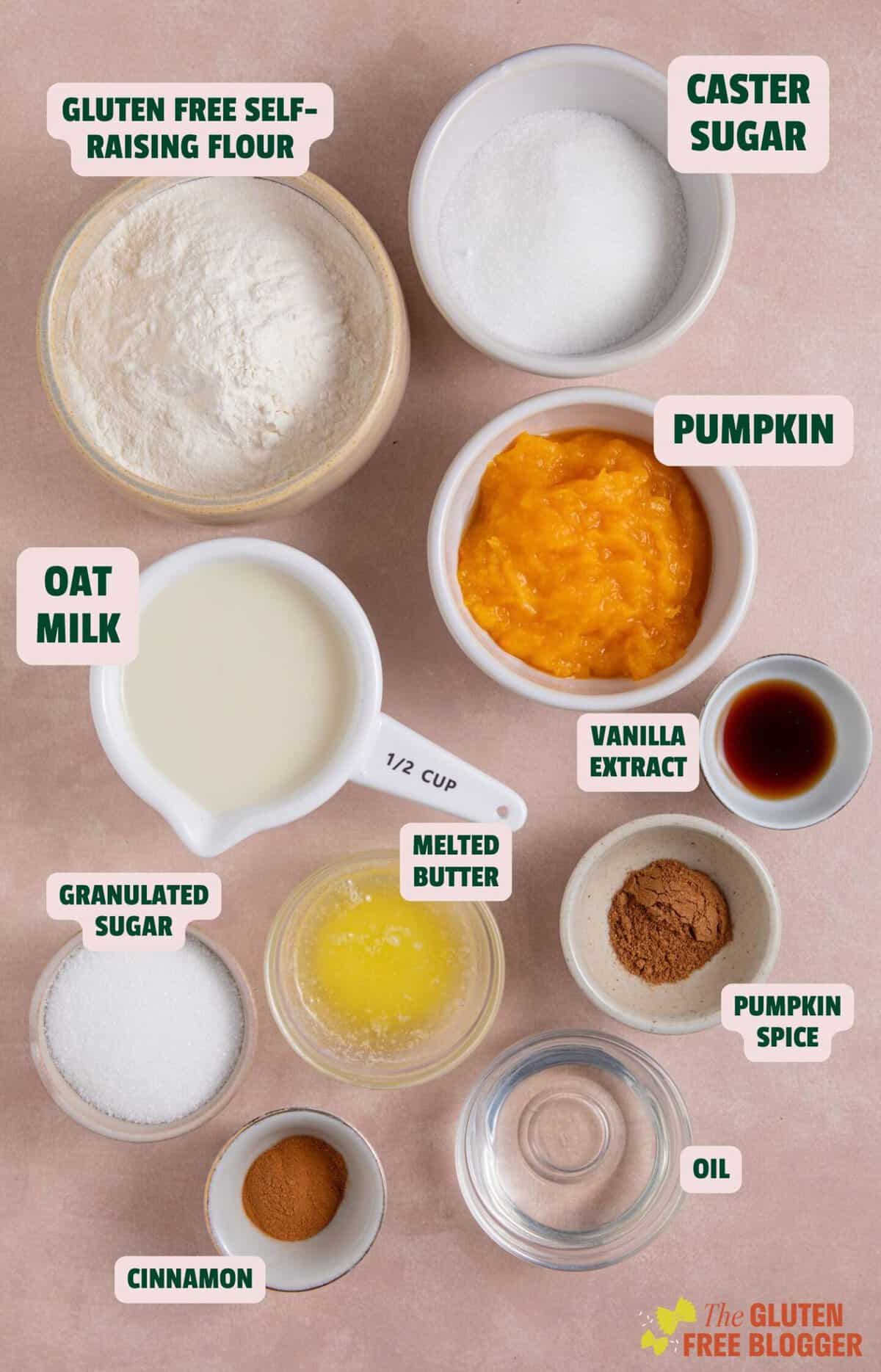 Ingredients for gluten free pumpkin donuts with text labels.