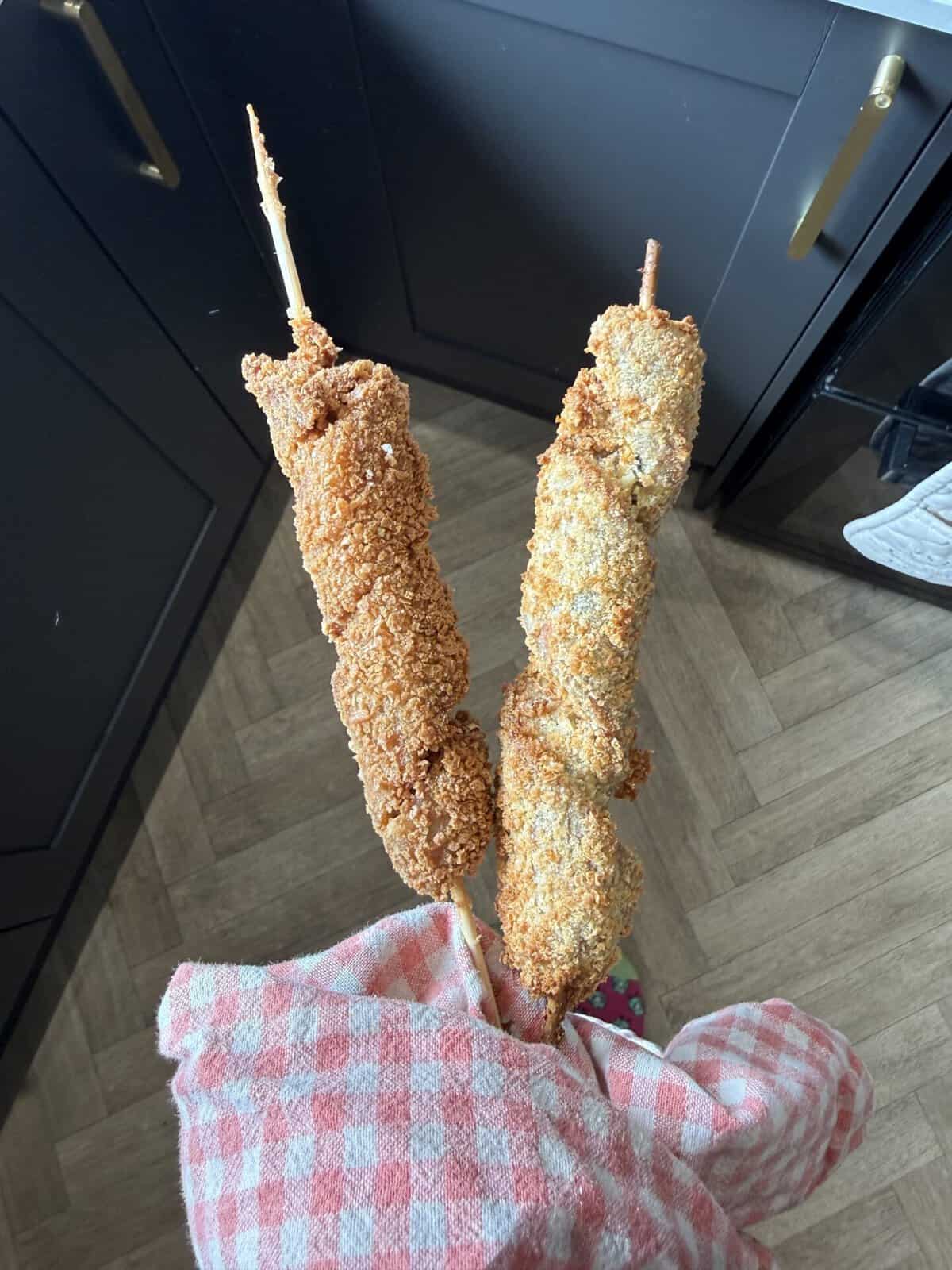 Left: A gluten free Turkey Twizzler that has been fried and right: one that has been air fried.