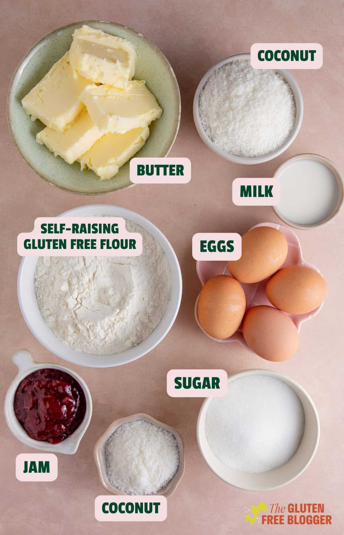 Ingredients for jam and coconut sponge cake with text labels.