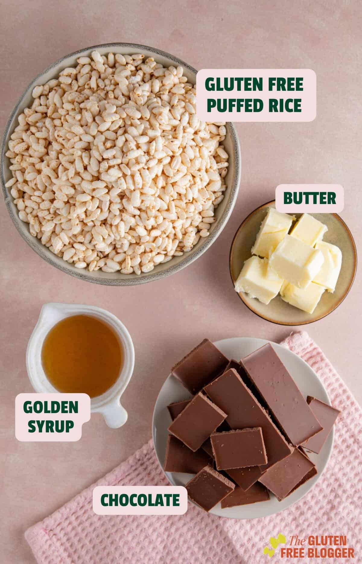 Ingredients for chocolate rice crispy cakes with text labels.