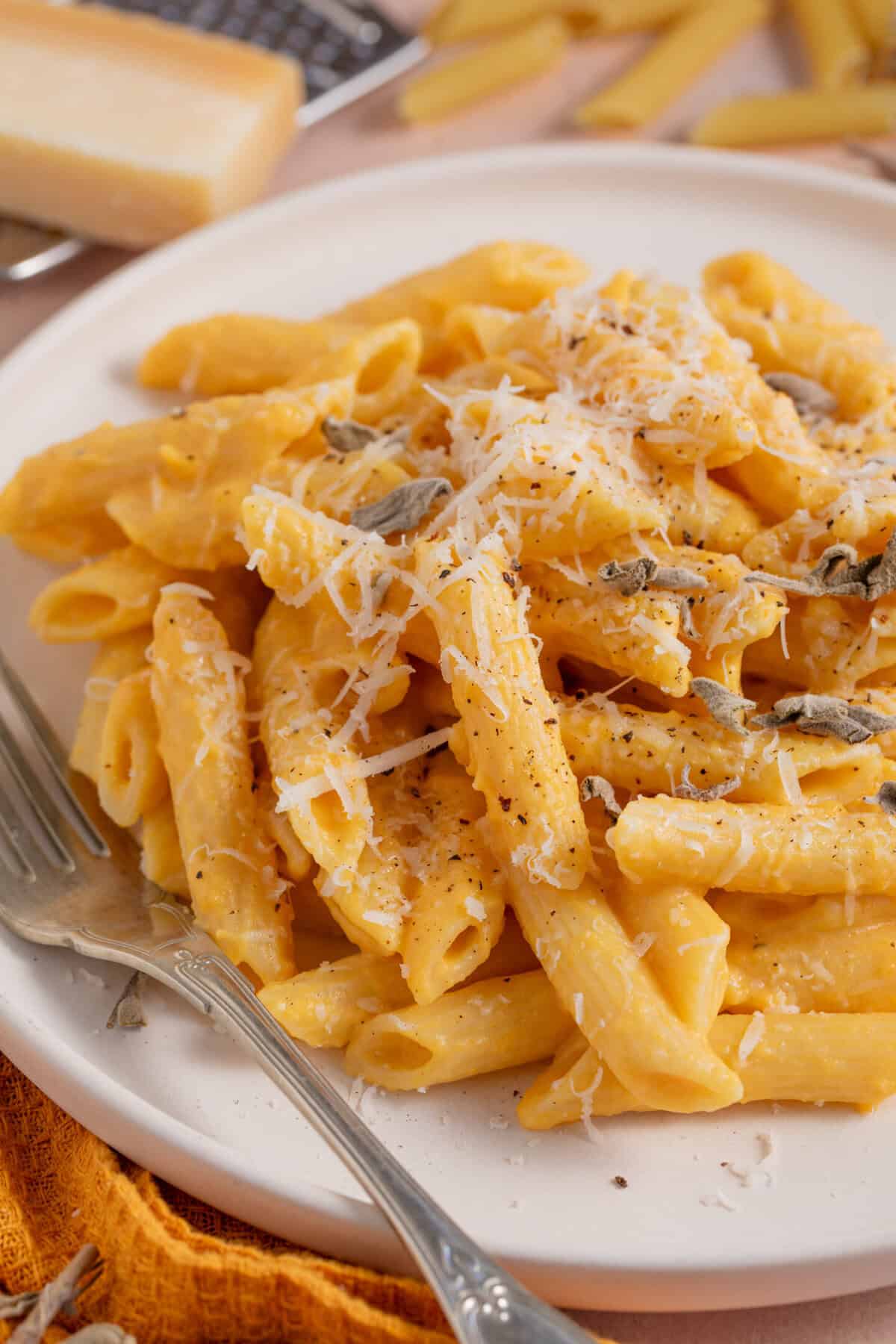 Close up of a bowl of creamy pumpkin pasta with parmesan and sage on top.