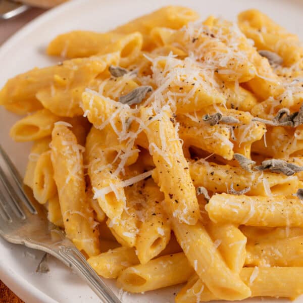 Close up of a bowl of creamy pumpkin pasta with parmesan and sage on top.
