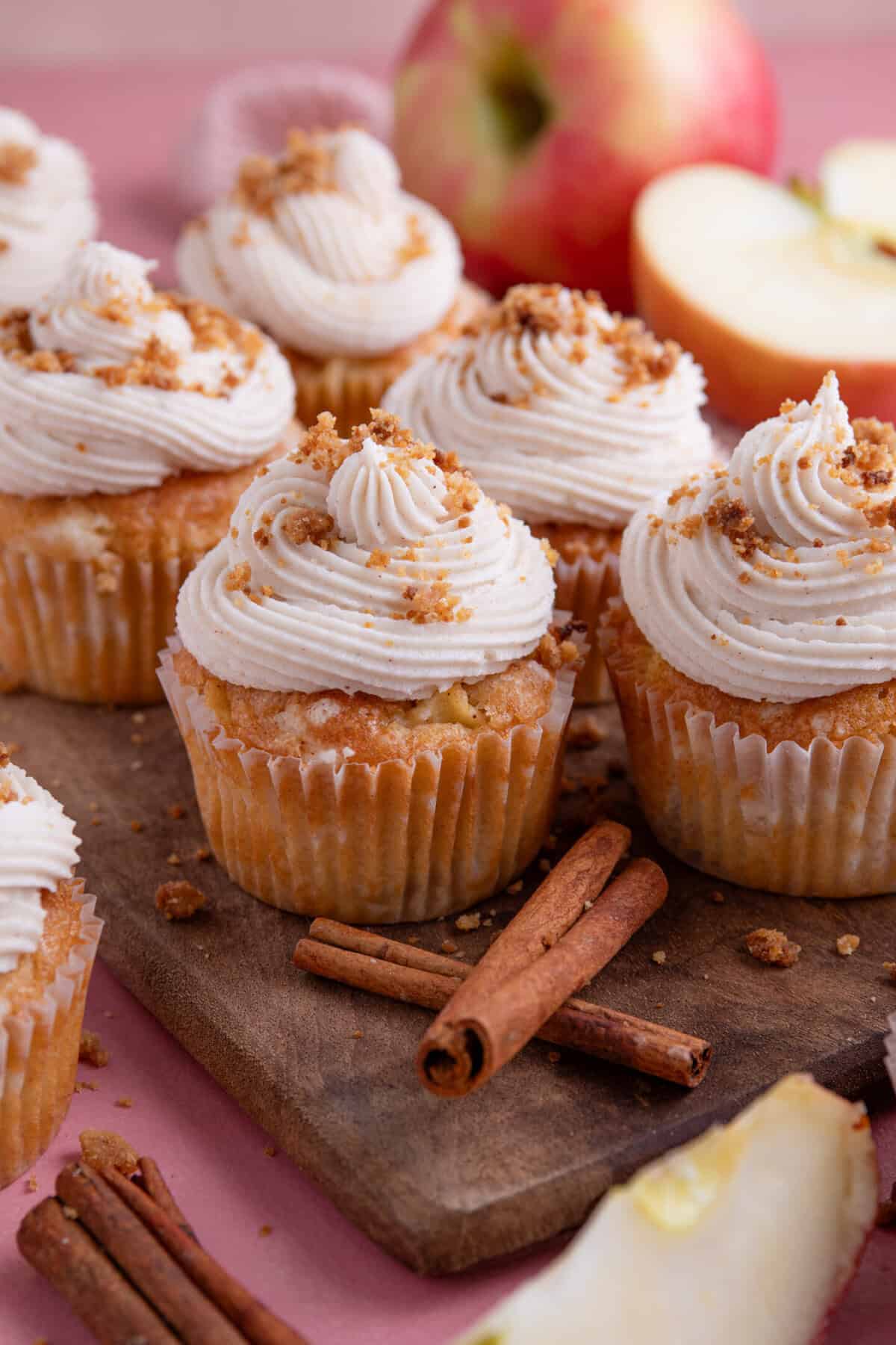 Gluten free apple cupcakes with cinnamon buttercream and crumble topping.