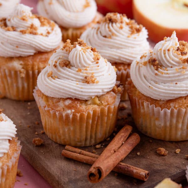Gluten free apple cupcakes with cinnamon buttercream and crumble topping.