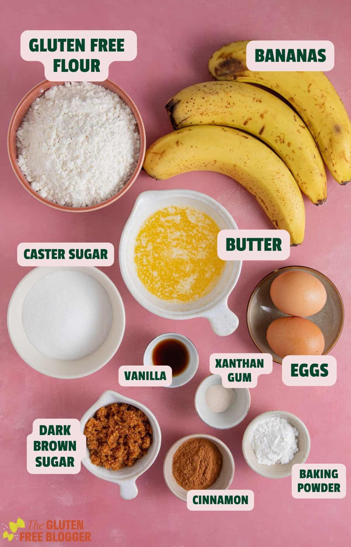 Ingredients for gluten free cinnamon swirl banana bread with text labels.