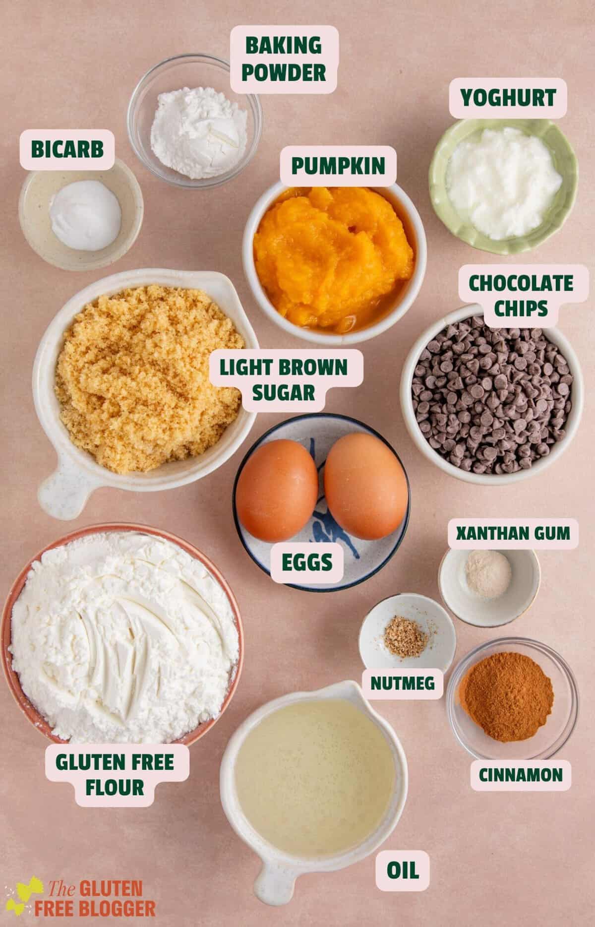 Ingredients for pumpkin chocolate chip muffins with text labels.