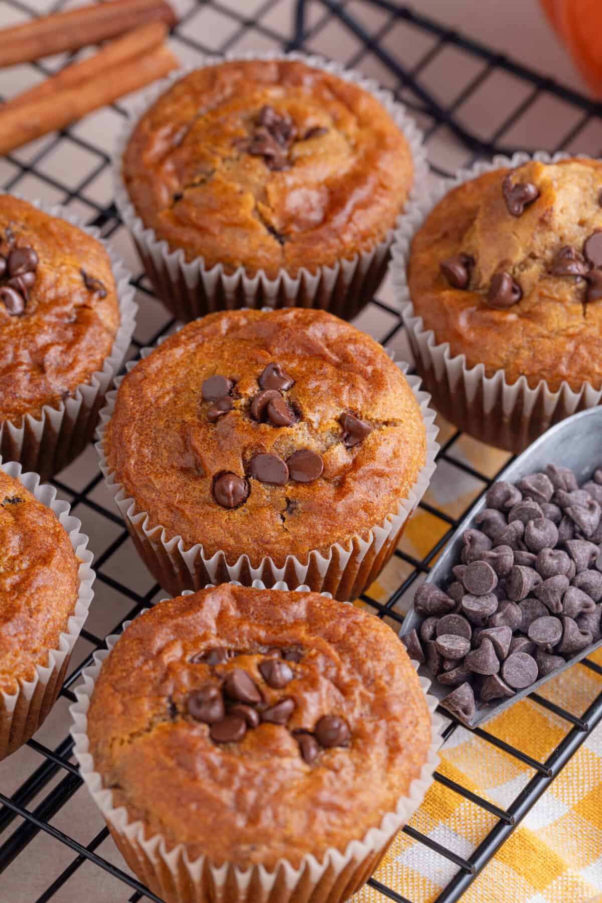 Process shot for gluten free pumpkin chocolate chip muffins showing the finished muffins on a cooling rack.