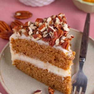 A slice of gluten free pumpkin spice latte cake.