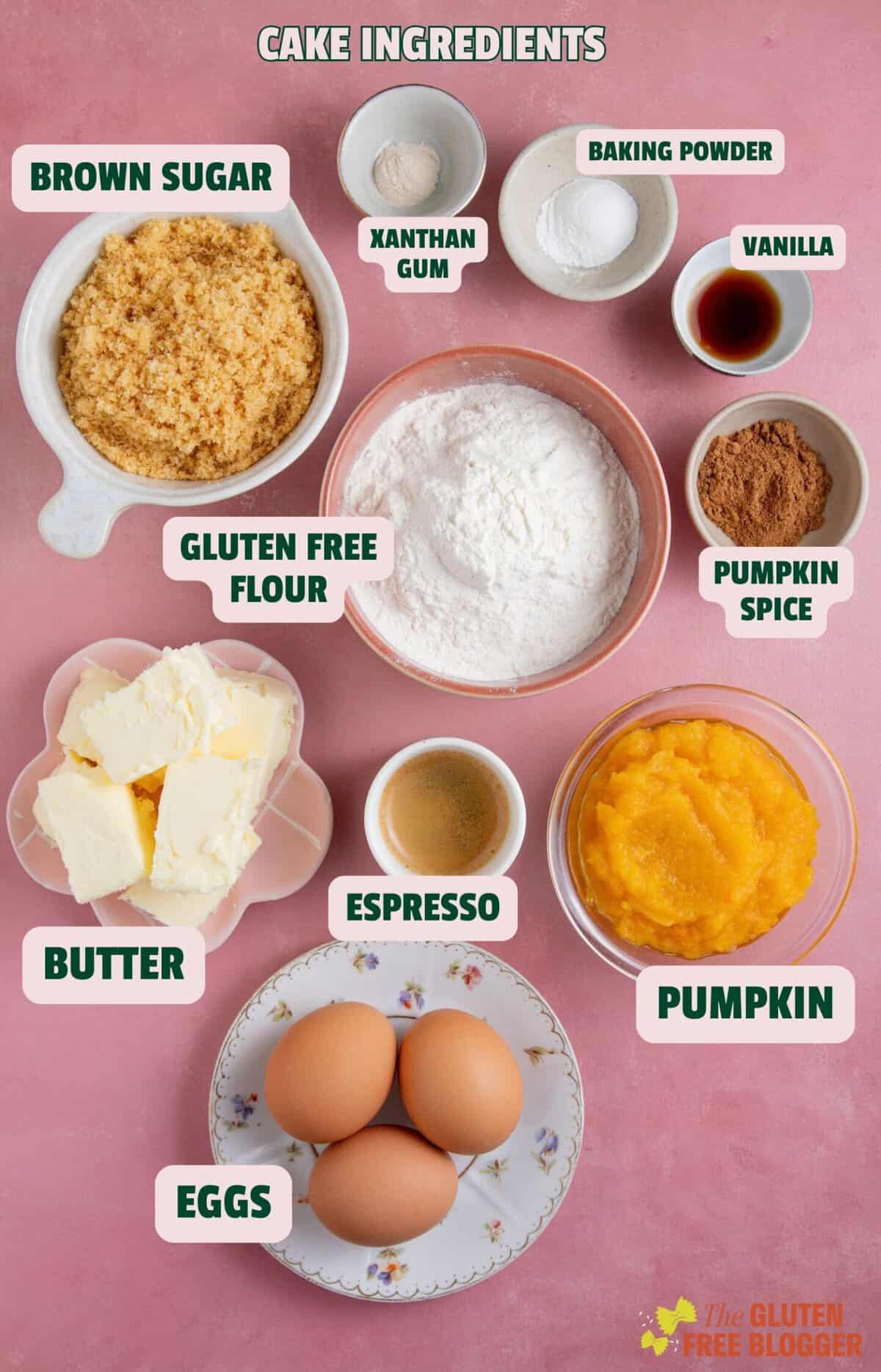 Ingredients for the pumpkin spice latte cake laid out with text labels.