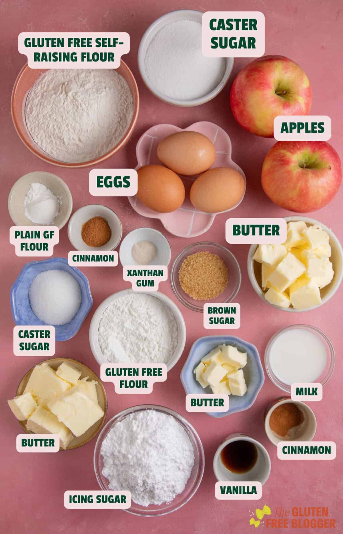 Ingredients for gluten free apple crumble cupcakes with text labels.