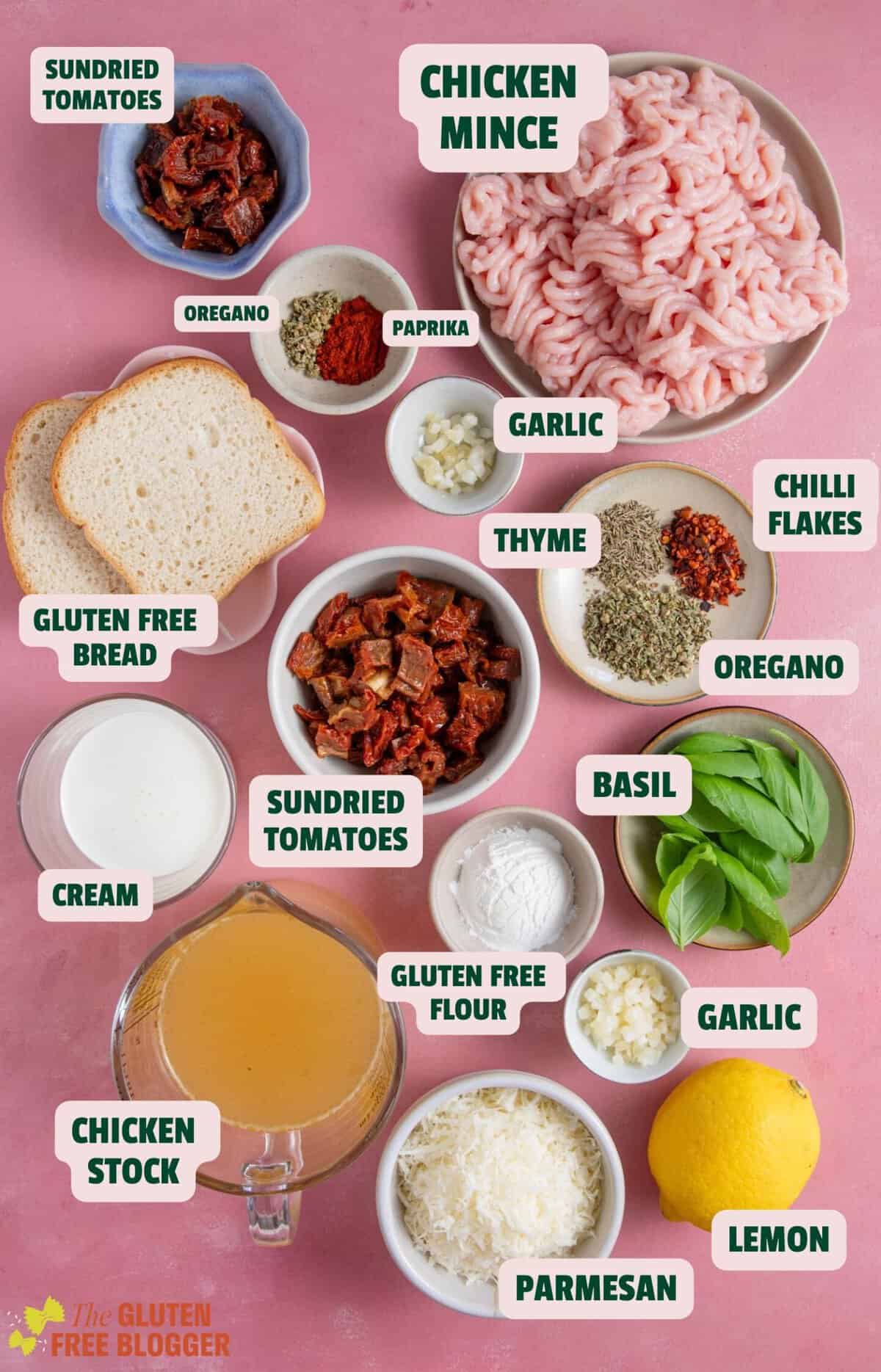 Ingredient for Marry Me Meatballs laid out on a pink backdrop with text labels.