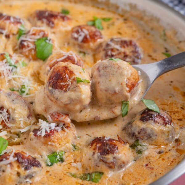 A pan of marry me meatballs - chicken meatballs in a creamy sauce.