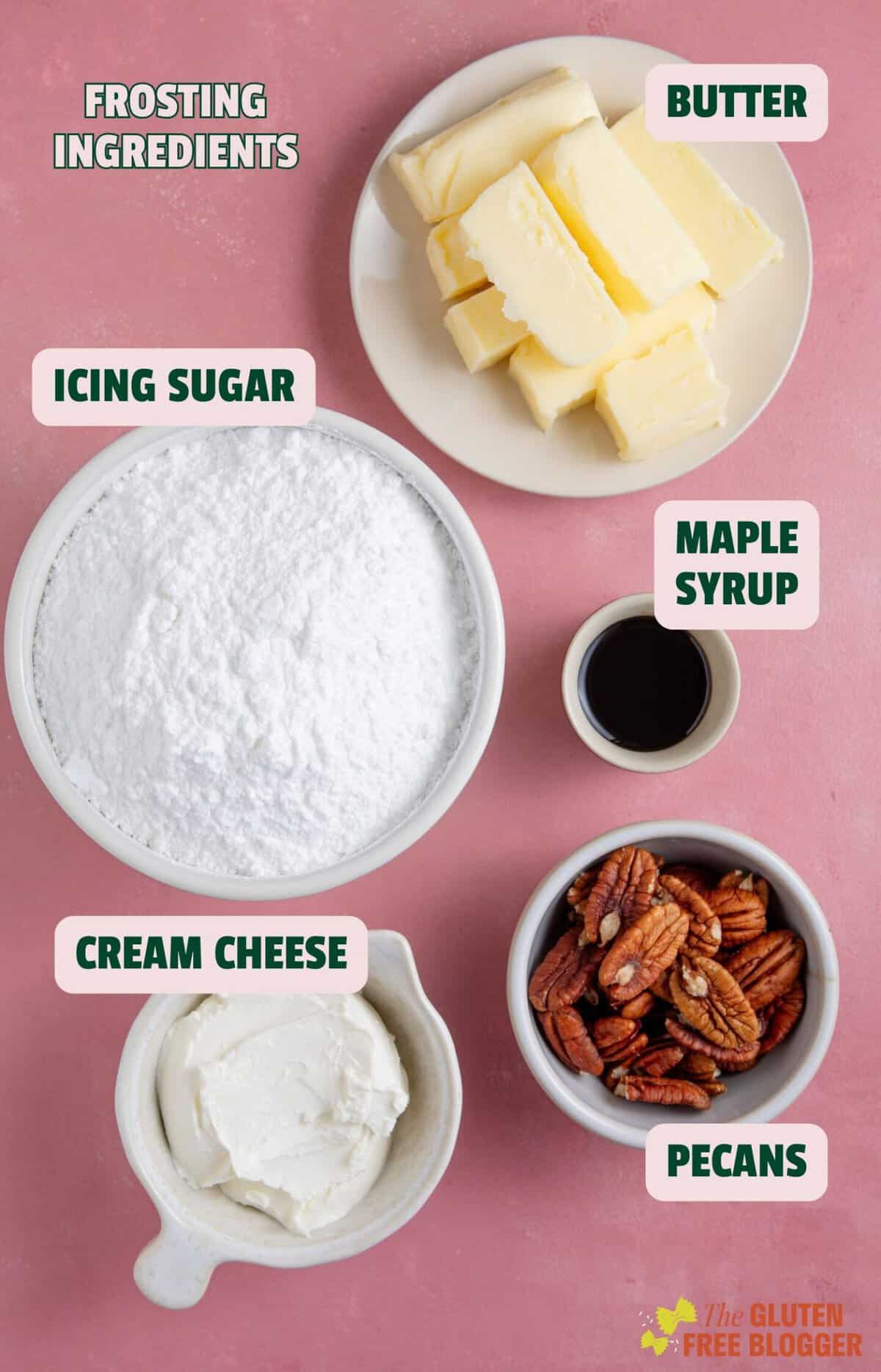 Ingredients for the pumpkin spice latte cake cream cheese frosting.