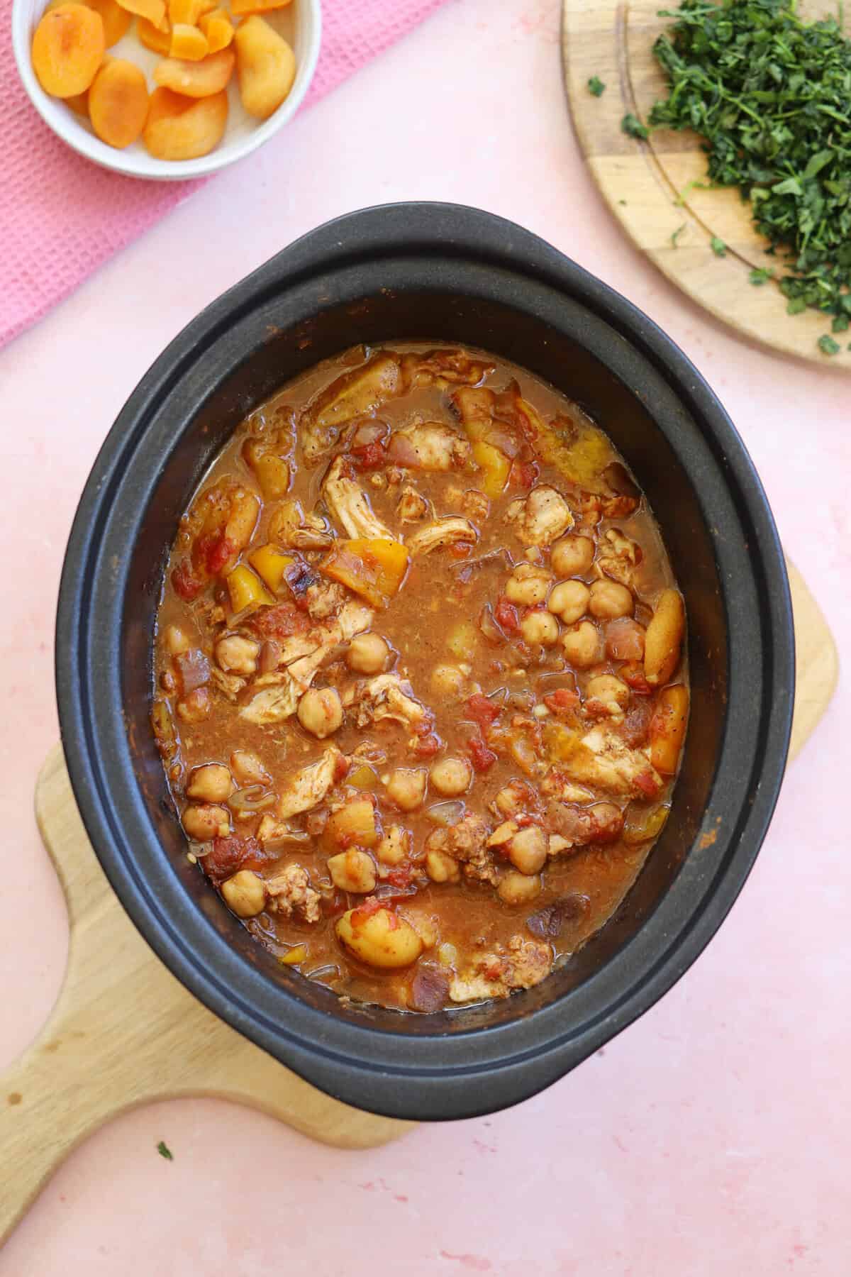 Process shot for slow cooker chicken tagine showing the finished, cooked tagine.